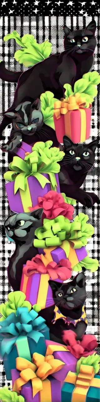 Free printable black cats with green ribbons presents bookmark