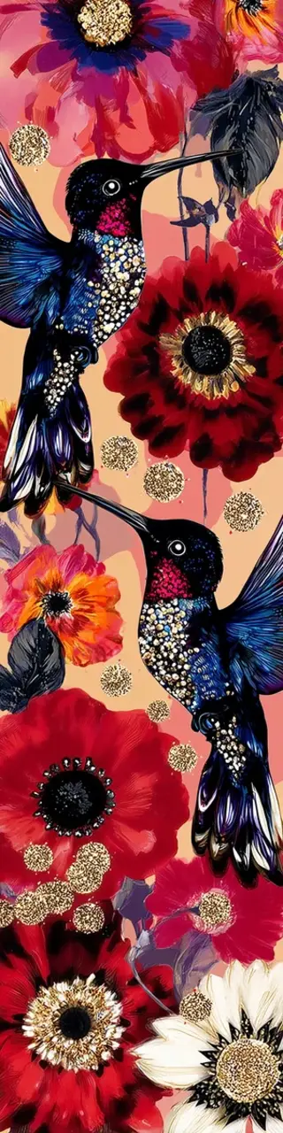 Free printable bold red flowers with hummingbirds bookmark