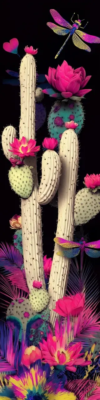 Free printable dragonfly around colorful cactus bookmark