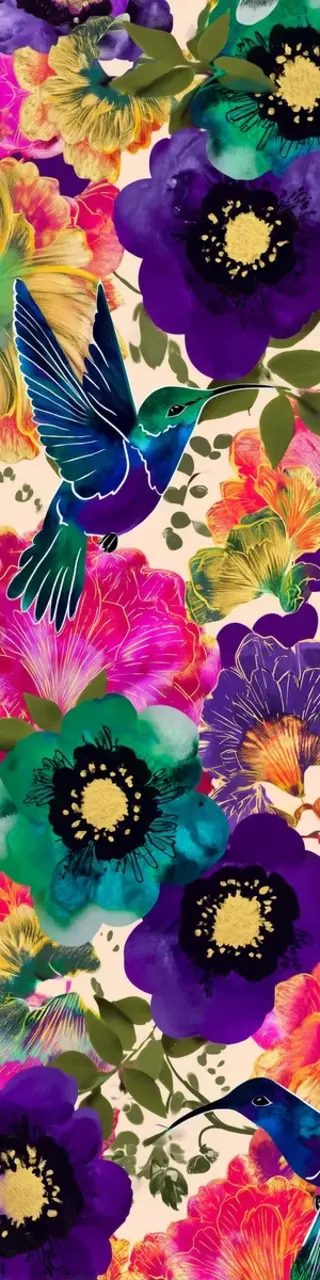 Free printable bright flowers and hummingbirds bookmark