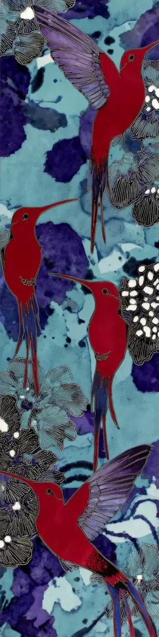 Free printable red hummingbirds on blue bookmark