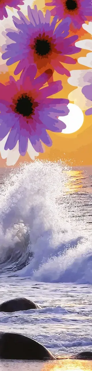 Free printable waves on beach with purple daisies bookmark